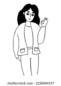 Happy girl with long hair and shows hand gesture ok. Vector illustration. Linear hand drawn doodle. Cute female character