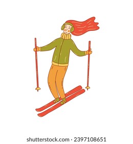 Happy girl with long red hair is skiing down a hill. Winter outdoor activities and sports. Vector colorful illustration isolated hand drawn with contour