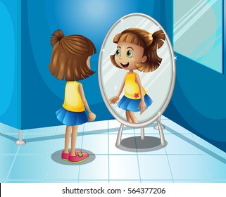 Happy girl looking at the mirror in bathroom illustration