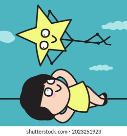 Happy Girl is Looking Up To Star Laying In sky Concept Card Character illustration