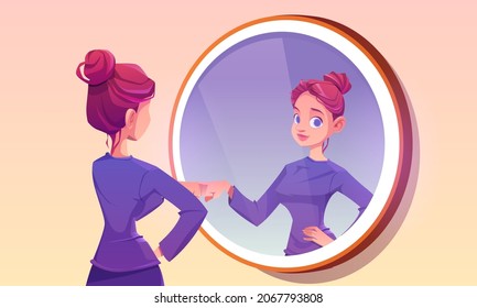 Happy girl looks in mirror and bump her fist with reflection. Vector cartoon illustration of beautiful young woman with smile looking on self in round mirror isolated on background