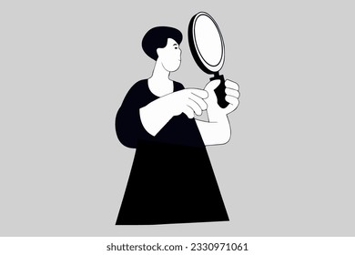 Happy girl looks in mirror and bump her fist with reflection, beautiful young woman with smile looking on self in round mirror isolated on background