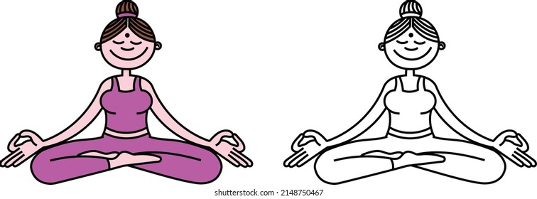 Happy girl in lotus position meditates. Cartoon vector illustration.