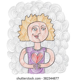 Happy girl in love conceptual illustration, woman smiling. People positive expressions. Hand-drawn young lady with heart symbol, kindness allegory. 