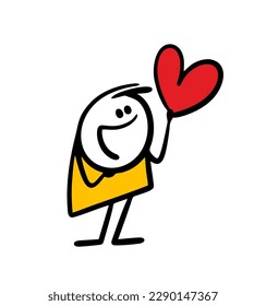 Happy girl in love holds a big red balloon in heart shape. Vector illustration of child and valentines day gift from her lover.