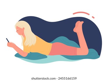 Happy girl lying in bed at night, holding phone to read social media messages vector illustration