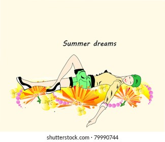 Happy Girl lying in the flowers, vector