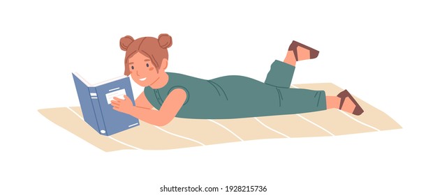 Happy girl lying on carpet and reading book. Smiling child learning from textbook. Colored graphic flat vector illustration of cheerful kid with literature isolated on white background