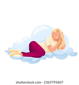 Happy girl lying on cloud to sleep and dream vector illustration. Cartoon isolated young woman with long blond hair resting, sleeping or dreaming in sky, idyllic scene with female character on cloud