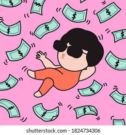 Happy Girl Lying On Floor Under A Money Rain Concept Card Character illustration