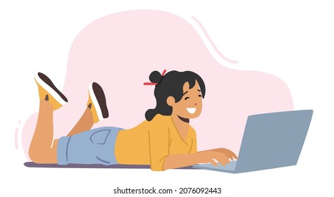 Happy Girl Lying on Floor with Laptop, Chatting with Friend or Watch Movies. Child Using Gadgets, Kid Remote Education, Character Early Development, Online Studying. Cartoon People Vector Illustration