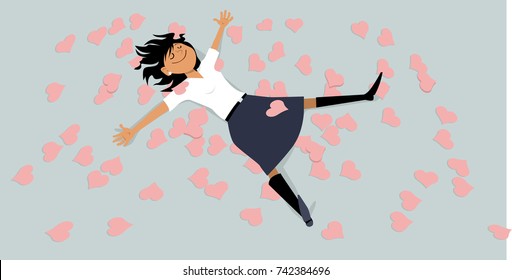 Happy girl lying on a floor, covered with hearts, EPS 8 vector illustration