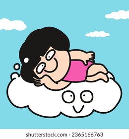 Happy Girl Lying On Her Think Positive Cloud Icon In The Blue Sky Concept Card Character illustration copy