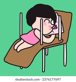 Happy Girl Lying On An Office Chairs Stacked Upside Down On Weekend Concept Card Character illustration