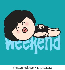 Happy Girl Lying On The Weekend Text Concept Card Character illustration