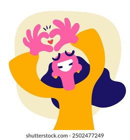 Chica feliz está haciendo un signo de corazón con las manos con un pequeño corazón en el medio. Concepto de amor y felicidad. Ilustración vectorial simple en estilo colorido peculiar.