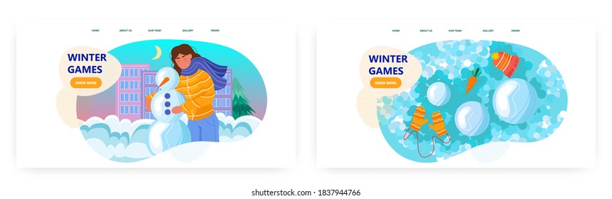 Happy girl making a snowman for christmas and new year holiday. Winter outdoor activities vector concept illustration. Winter games with snow. Web site design template