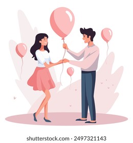 A happy girl and a man are holding balloons. Flat illustration