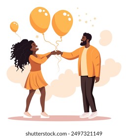 A happy girl and a man are holding balloons. Flat illustration