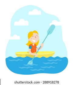 Happy girl maneuvering kayaking. Flat design. Vector illustration.