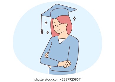 Happy girl in mantle and graduation hat excited about college or university degree. Smiling female student or learner in robe graduate high institution. Education. Vector illustration.