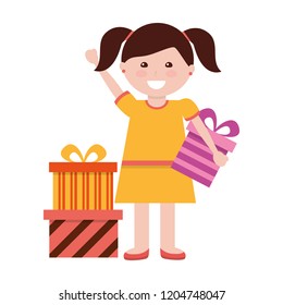 happy girl with many gift boxes birthday
