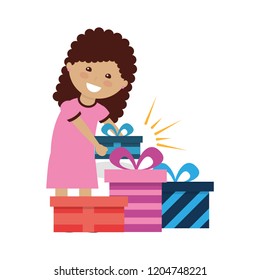 happy girl with many gift boxes birthday