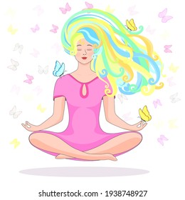 A happy girl meditates in nature in the lotus position. Butterflies are flying. Conceptual vector illustration for yoga, meditation, relaxation, relaxation, healthy lifestyle.