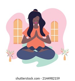 Happy girl meditating Hygge concept Vector
