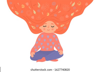 Happy girl meditating in lotus pose with loose ginger hair full of flowers. Hand drawn cute yoga, mindfulness, relax vector illustration isolated on white background