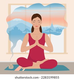 Happy girl is meditating. Meditation on the background of a beautiful landscape. Invented unreal landscape. Yoga practice. Vector illustration.