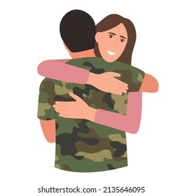 Happy girl meet boyfriend from army.Serviceman or soldier hug wife.Flat vector illustration.