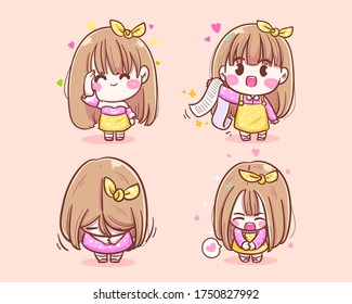 Happy girl merchant cartoon cute Smiling Thank you  icon logo  Premium Hand drawn vector illustration.