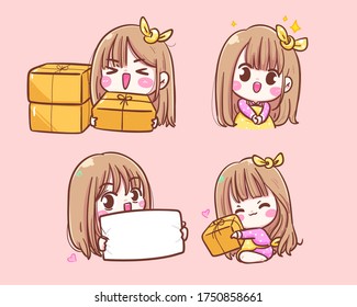 Happy girl merchant cartoon cute Smiling with box and sign Online shopping icon logo  Premium Hand drawn vector illustration.