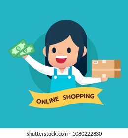 Happy girl merchant with goods box and money icon. Shopping online and delivery service concept. Flat vector illustration.