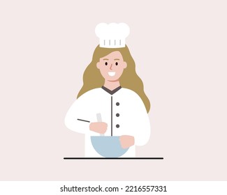 Happy girl mixing ingredient with bowl at home. Child wearing chef hat and uniform preparing food. Cooking, leisure activity concept. Flat character vector design illustration.