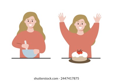Happy girl mixing ingredient with bowl. Child baking dessert cake. Homemade cooking, leisure activity, childhood concept. Flat people character vector design illustration.