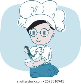 Happy girl mixing ingredient with bowl. Child wearing chef hat and uniform preparing food. Cooking, leisure activity concept. Flat character vector design illustration. cartoon design.