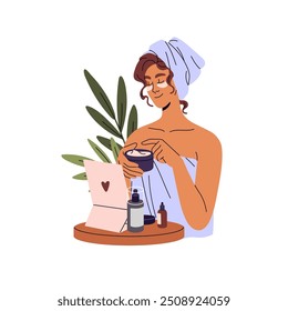 Happy girl moisturizer face skin with cream. Young woman in towel applies skincare product, care cosmetics. Daily beauty routine after bathing. Flat isolated vector illustration on white background