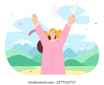 Happy girl in morning spring park vector illustration. Cartoon cute young woman in hat enjoying fresh breeze with pink blossom petals and freedom, healthy meditation and relax of person in nature