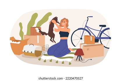 Happy girl moved to new house with cat. Young woman unpacking belongings from cardboard boxes, packages after relocation to apartment, home. Flat vector illustration isolated on white background