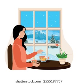 Happy girl with a mug of hot tea looks out the window at the winter landscape. Home comfort. The beauty of winter nature. Vector illustration.