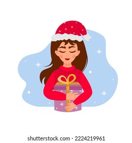 Happy girl with New Year's red cap hugging present box. Happy New Year mood. Flat vector illustration. 