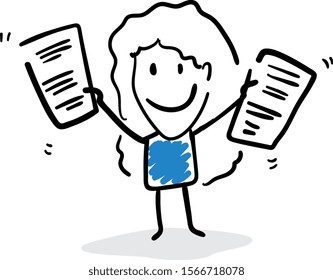 Happy girl office worker with the contract. Girl hand drawn doodle line art cartoon design character - isolated vector illustration outline of woman.
