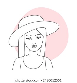 Happy girl on beach with sun protective hat. Spf protection cream, uv sunscreen line vector illustration