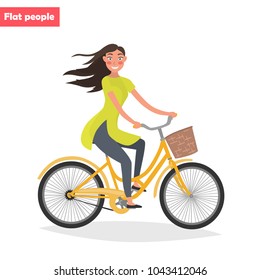 Happy girl on a bicycle color flat illustration