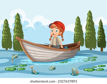 Happy Girl on Boat in Lake Scene illustration