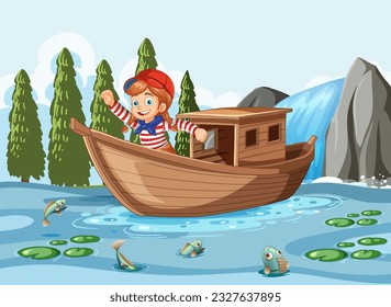 Happy Girl on Boat in Lake Scene illustration