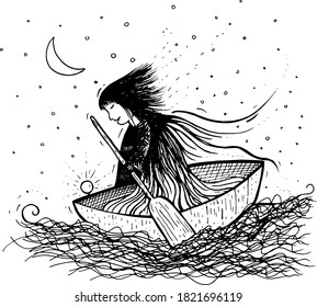 happy girl on boat at night vector illustration