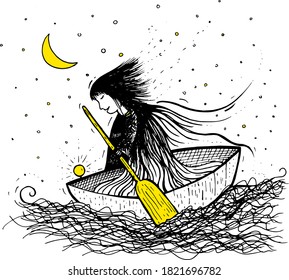 happy girl on boat at night vector illustration